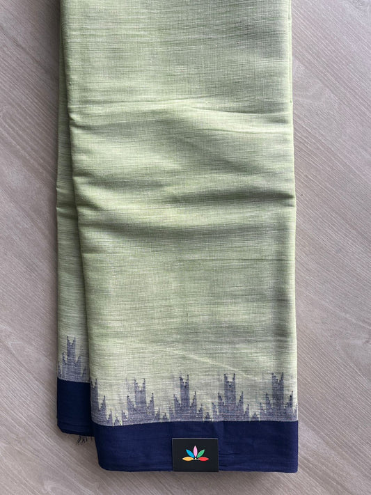 Light Neutral Green Handspun Fine Ponduru Cotton with Silk Kuppadam Border Saree - 32038