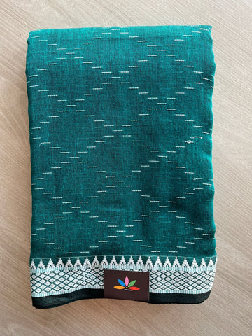 Deep Teal Green Small Border Soft Fine Cotton Saree - 27904