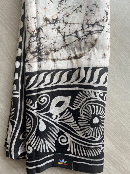 Off-White & Black Handcrafted Batik Bishnupuri Silk Saree - 36269