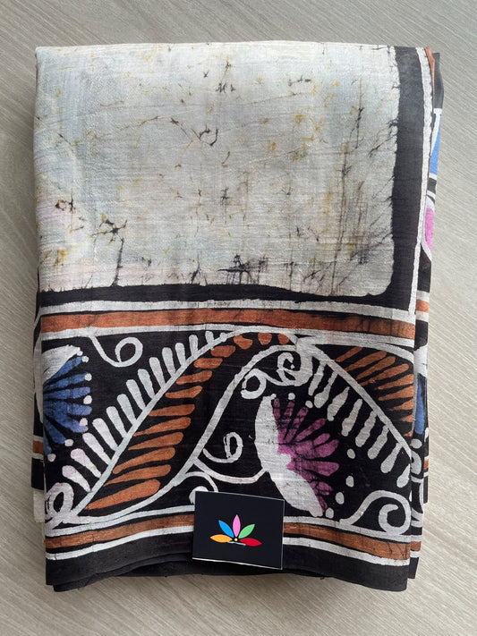 Off-White Handcrafted Batik Bishnupuri Silk Saree - 36270