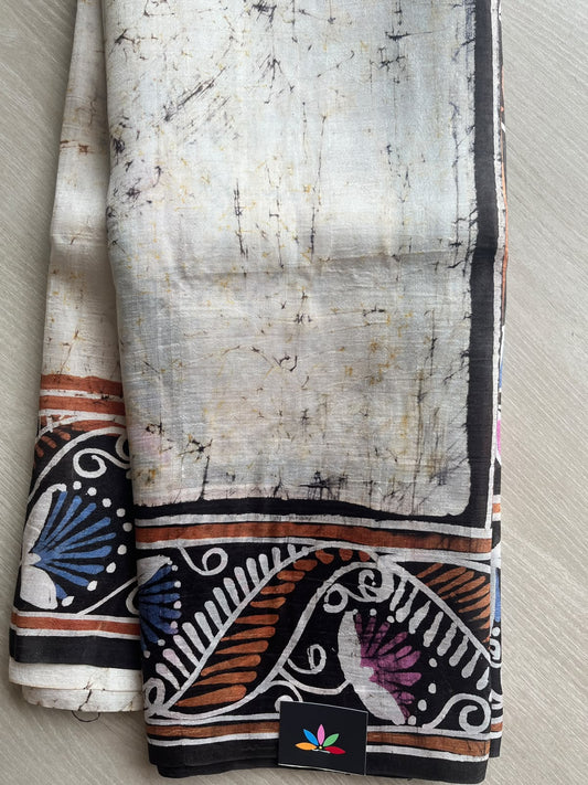 Off-White Handcrafted Batik Bishnupuri Silk Saree - 36270