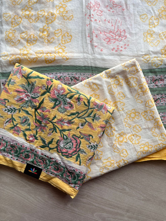 Yellow & White Hand Block Printed Cotton 3 Piece Unstitched Suit Set with Cotton Duppata -30580