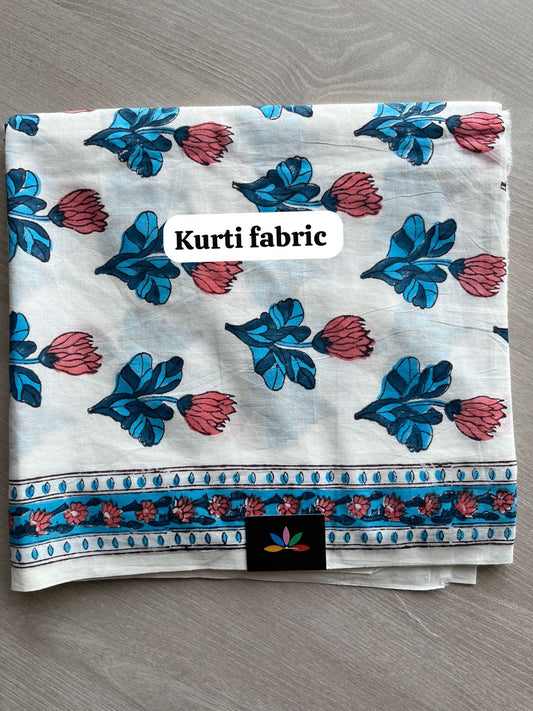 Sky Blue & White Hand Block Printed Cotton 3 Piece Unstitched Suit Set with Cotton Duppata -30581