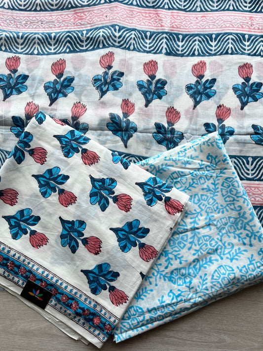 Sky Blue & White Hand Block Printed Cotton 3 Piece Unstitched Suit Set with Cotton Duppata -30581