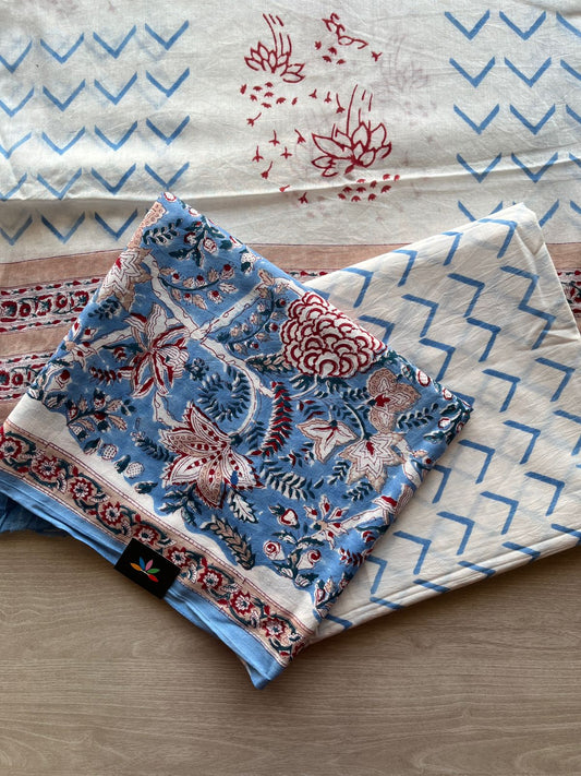 Light Blue & White Hand Block Printed Cotton 3 Piece Unstitched Suit Set with Cotton Duppata -30583