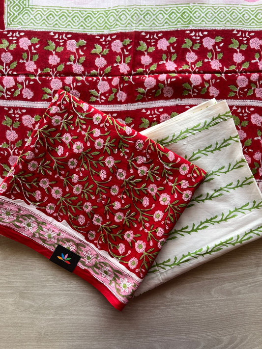 Deep Red & White Hand Block Printed Cotton 3 Piece Unstitched Suit Set with Cotton Duppata -30584