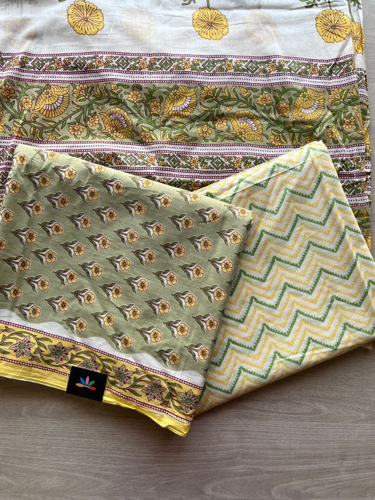 Hand Block Printed Cotton 3 Piece Unstitched Suit Set with Cotton Duppata -30585