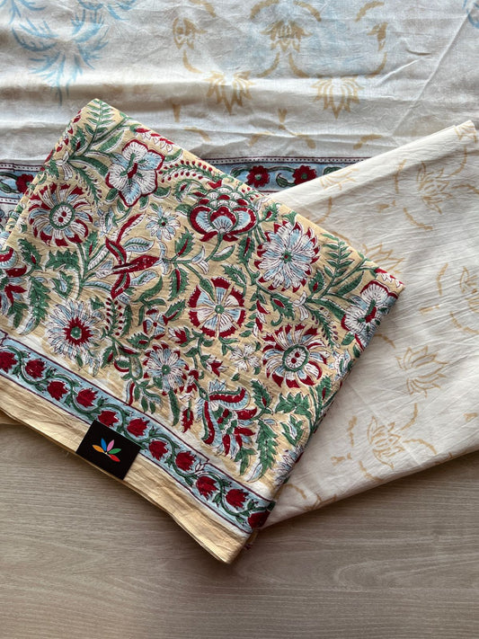 Light Yellow & Cream White Hand Block Printed Cotton 3 Piece Unstitched Suit Set with Cotton Duppata -30588