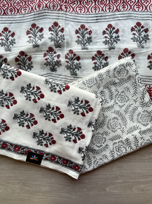 Hand Block Printed Cotton 3 Piece Unstitched Suit Set with Cotton Duppata -30589