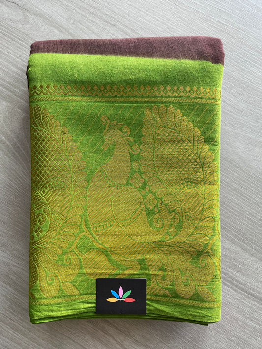 Smoky Plum with Parrot Green Contrast Mayil Border Cotton Saree-22344