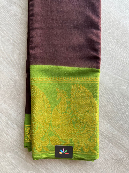 Smoky Plum with Parrot Green Contrast Mayil Border Cotton Saree-22344