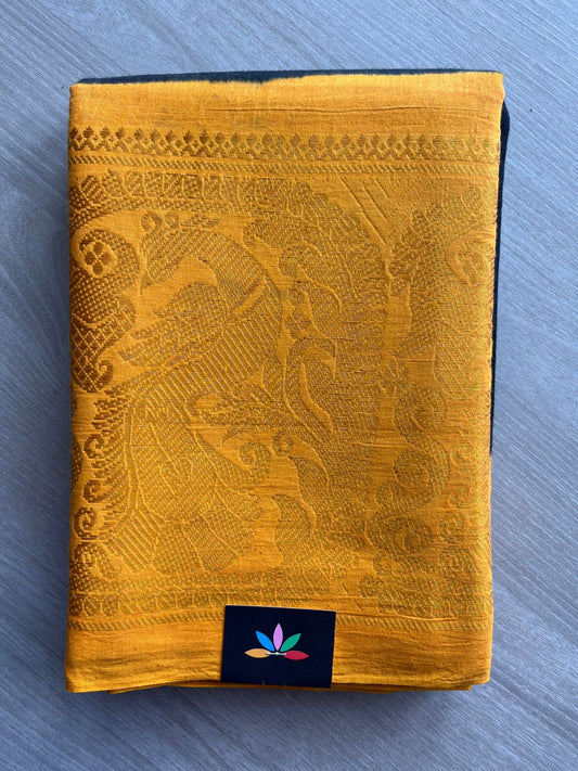Black with Mustard Gold Contrast Mayil Border Cotton Saree-22346