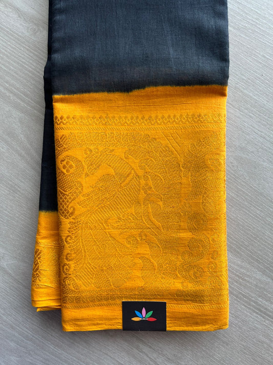 Black with Mustard Gold Contrast Mayil Border Cotton Saree-22346