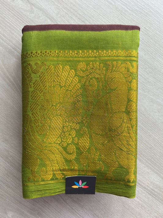 Wine Purple with Parrot Green Contrast Mayil Border Cotton Saree-22347