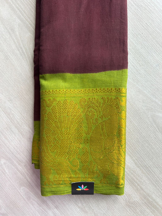 Wine Purple with Parrot Green Contrast Mayil Border Cotton Saree-22347