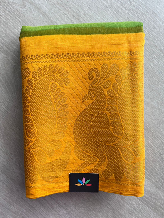 Parrot Green Silk Saree with Mustard Gold Contrast Mayil Border Cotton Saree-22348-22349