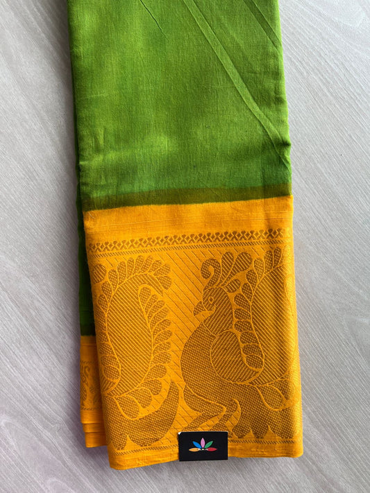 Parrot Green Silk Saree with Mustard Gold Contrast Mayil Border Cotton Saree-22348-22349