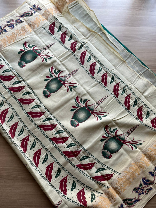 Bird Print Contrast Border Cotton Saree-22371