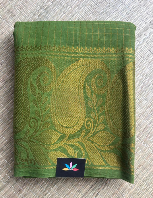 Olive Green Shibori Tie-Dye Saree with Pink Circular Motifs and Gold Paisely Zari  Big Border Cotton Saree-22376