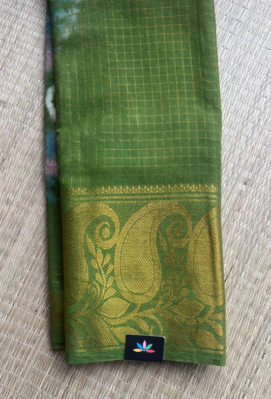 Olive Green Shibori Tie-Dye Saree with Pink Circular Motifs and Gold Paisely Zari  Big Border Cotton Saree-22376