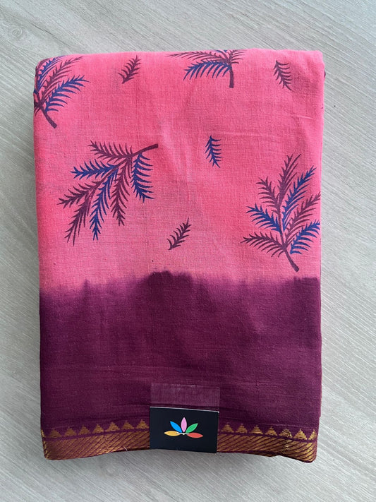 Coral Pink Saree with Fern Leaf Motifs and Wine Zari Border Printed Cotton Saree -22552