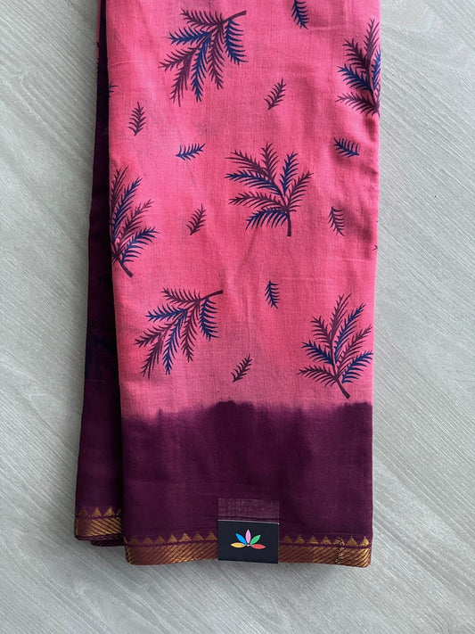 Coral Pink Saree with Fern Leaf Motifs and Wine Zari Border Printed Cotton Saree -22552
