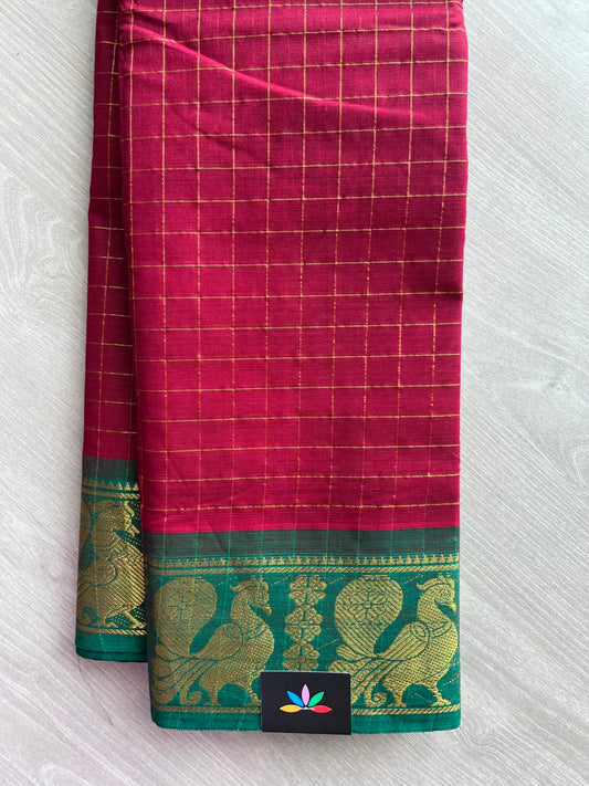 Crimson Shade Zari Checks Contrast Annam Border Cotton Saree (Without Blouse) - 33328