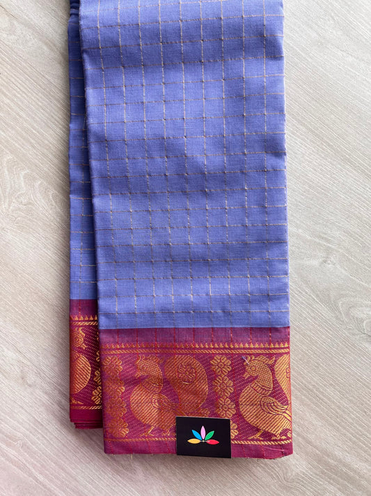 Dark Periwinkle Shade Zari Checks Contrast Annam Border Cotton Saree (Without Blouse) - 33329