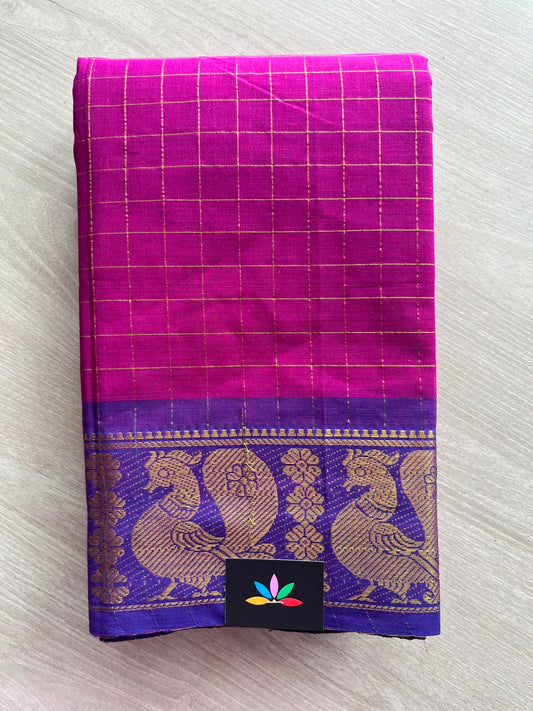 Dark Pink Zari Checks Contrast Annam Border Cotton Saree (Without Blouse) - 33330