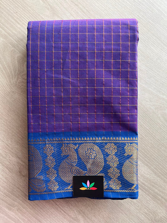 True Purple Zari Checks Contrast Annam Border Cotton Saree (Without Blouse) - 33333