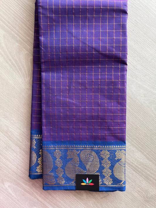 True Purple Zari Checks Contrast Annam Border Cotton Saree (Without Blouse) - 33333