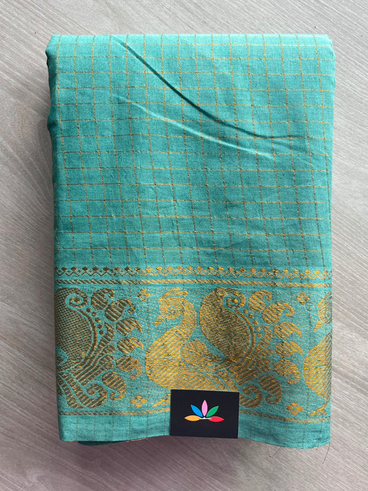 Light Sea Green Zari Checks Annam Border Cotton Saree - 33337
