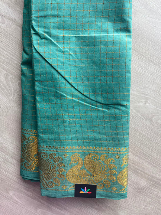 Light Sea Green Zari Checks Annam Border Cotton Saree - 33337