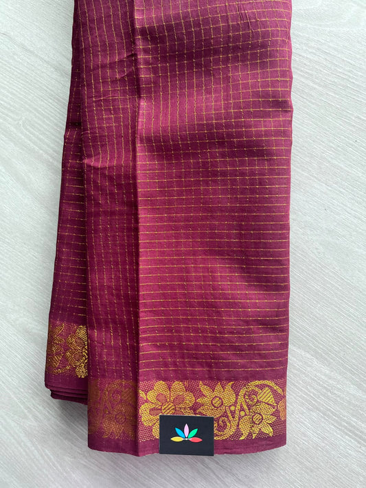 Claret Shade Zari Checks Floral Border Cotton Saree (Without Blouse) - 33342