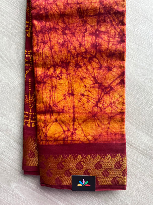 Maroon Wax Batik Woven Border Cotton Saree (Without Blouse) - 33348