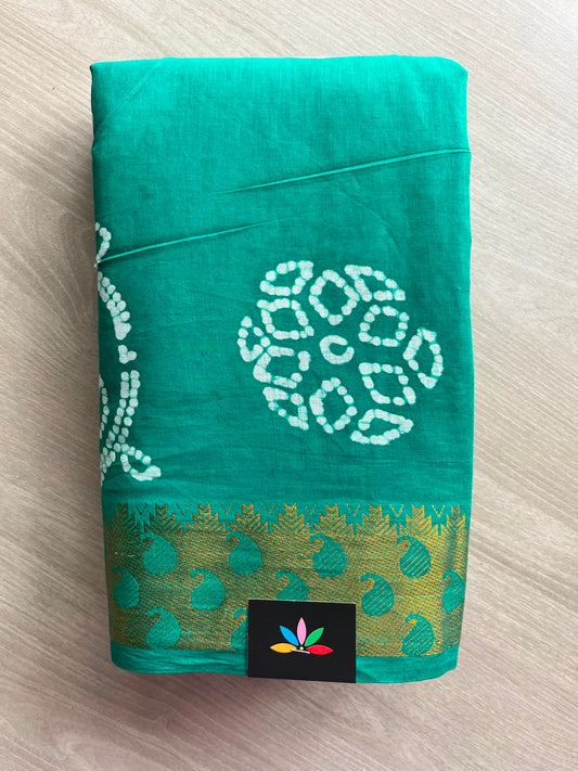 Persian Green Wax Batik Woven Border Cotton Saree (Without Blouse) - 33349