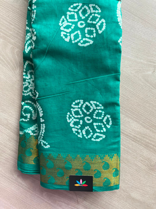 Persian Green Wax Batik Woven Border Cotton Saree (Without Blouse) - 33349