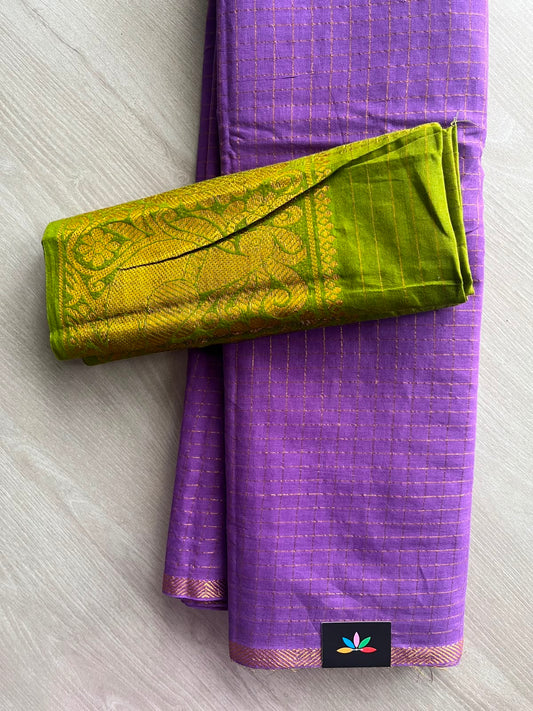 Medium Orchid Shade Zari Check Small Border Cotton Saree with Contrast Cotton Blouse - 33350