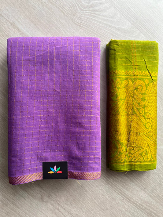 Medium Orchid Shade Zari Check Small Border Cotton Saree with Contrast Cotton Blouse - 33350