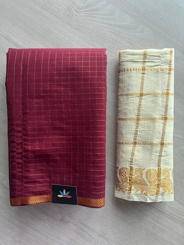 Deep Red Zari Check Small Border Cotton Saree with Contrast Cotton Blouse - 33352