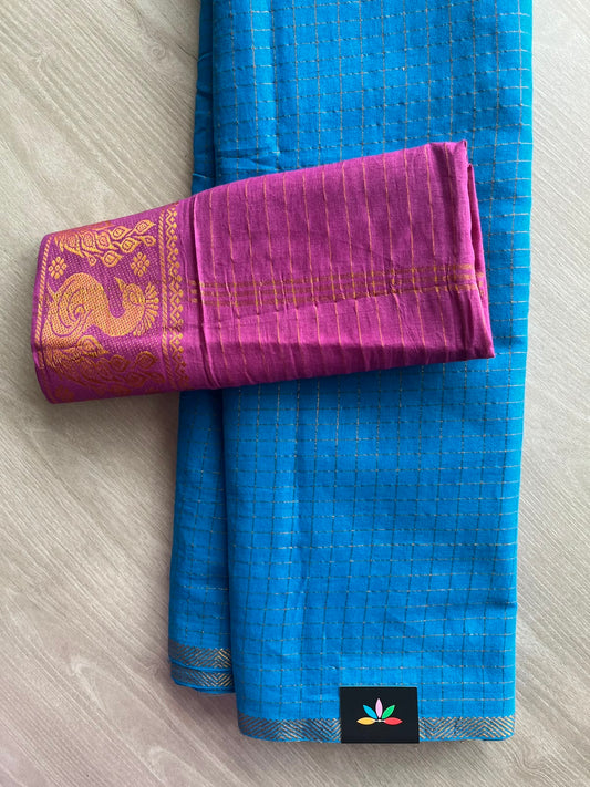 Azure Blue Zari Check Small Border Cotton Saree with Contrast Cotton Blouse - 33353