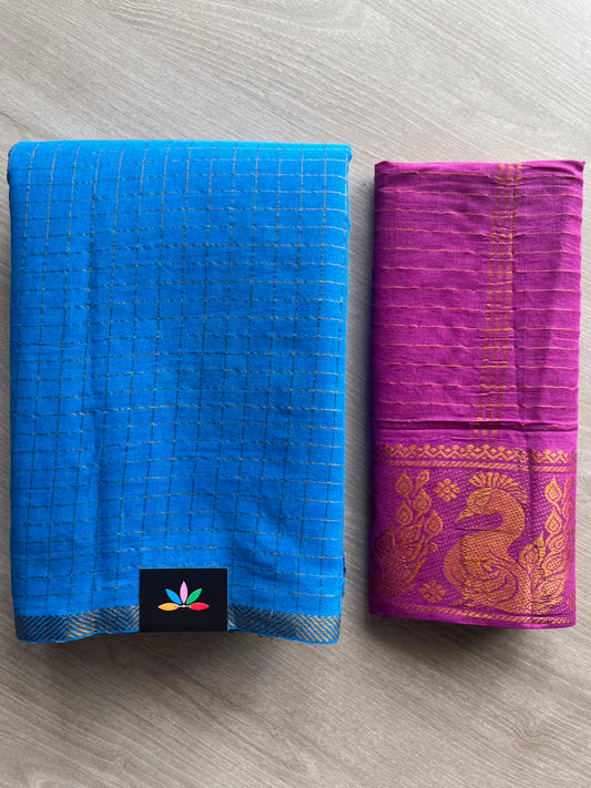 Azure Blue Zari Check Small Border Cotton Saree with Contrast Cotton Blouse - 33353