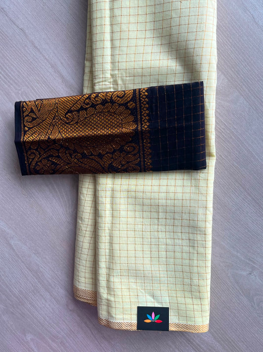 Bright Cream Zari Check Small Border Cotton Saree with Contrast Cotton Blouse - 33355