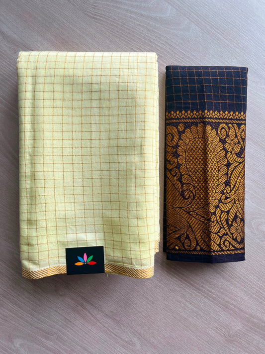 Bright Cream Zari Check Small Border Cotton Saree with Contrast Cotton Blouse - 33355