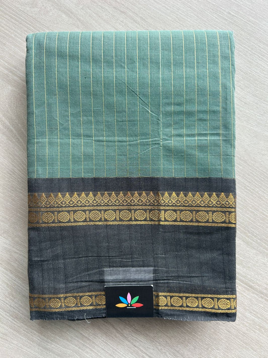 Emerald Teal Green with Gold Lines and Black Border Striped Chettinad Cotton Saree - 26446