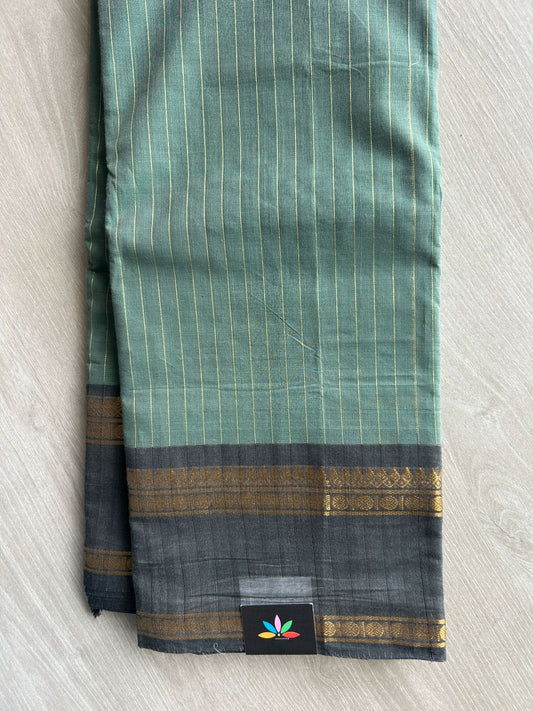 Emerald Teal Green with Gold Lines and Black Border Striped Chettinad Cotton Saree - 26446