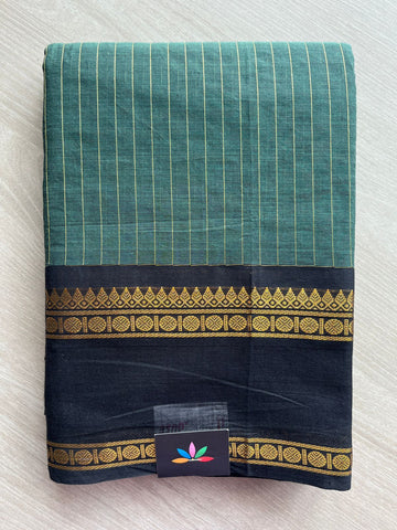 Emerald Teal Green with Gold Stripes & Black base with Antique Gold Border Chettinad Cotton Saree - 26448
