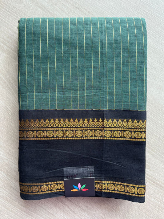 Emerald Teal Green with Gold Stripes & Black base with Antique Gold Border Chettinad Cotton Saree - 26448