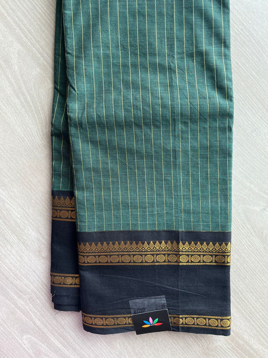 Emerald Teal Green with Gold Stripes & Black base with Antique Gold Border Chettinad Cotton Saree - 26448