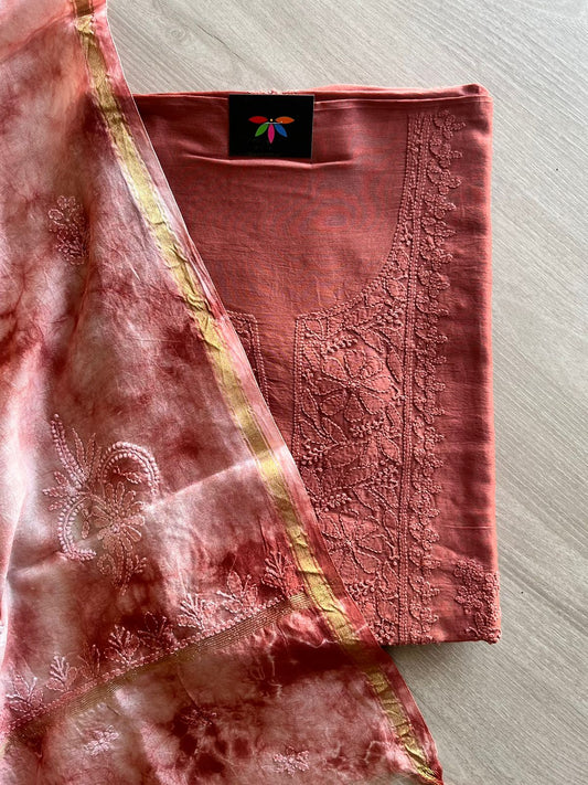 Hand Embroidered Chikankari Chanderi  Silk Cotton Kurti Fabric with Duppata-8528